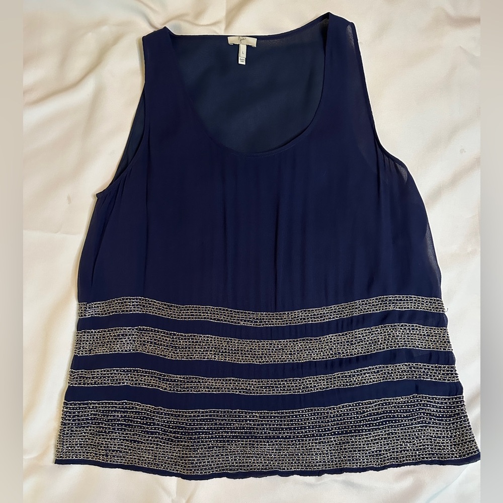 Joie Navy Silk Beaded Tank Top, Size Large